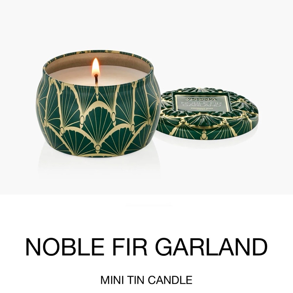 NEW Voluspa NOBLE FIR GARLAND MINI TIN CANDLE, .9oz/25g